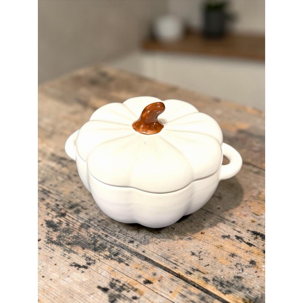 Ceramic Pumpkin Lidded Soup Tureen Handles Creamy White Brown Stem